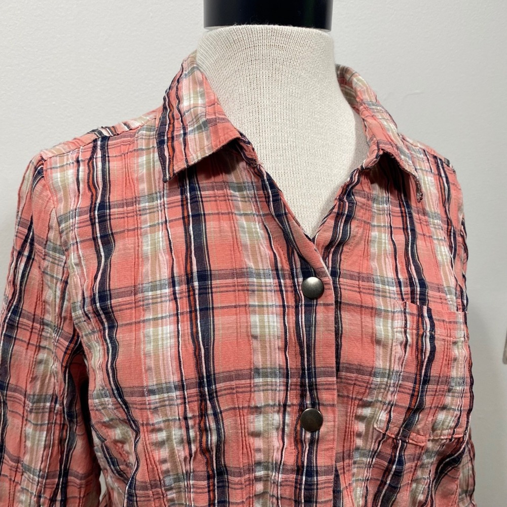 Christopher & Banks Petite XL Coral Plaid 3/4‎ Sleeve Snap Front Shirt Western